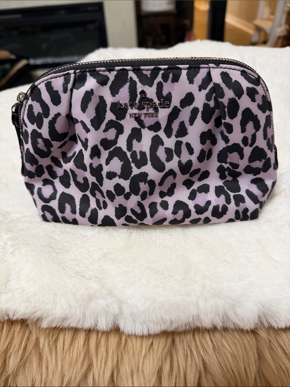 Kate Spade Cosmetic Bag Purple Black Leopard Print